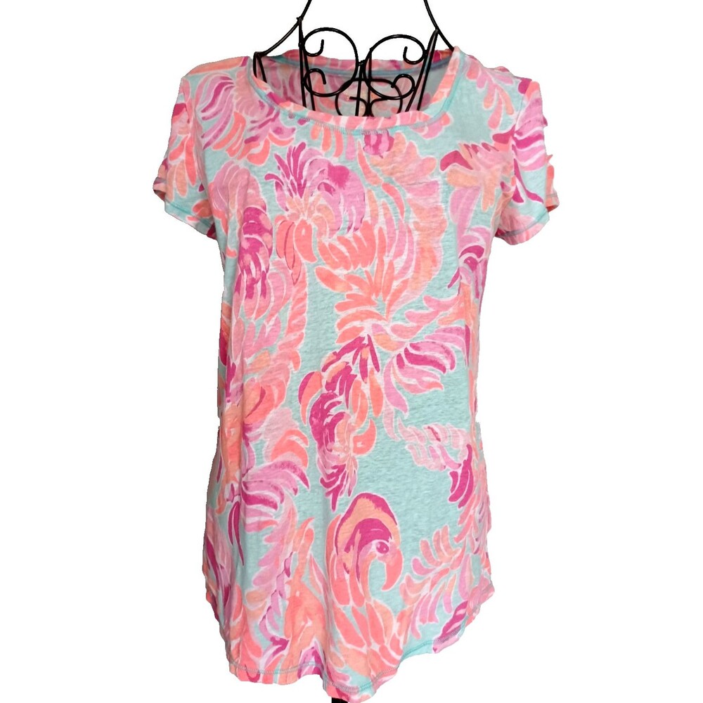 Lilly Pulitzer Womens T Shirt Sz M Cap Sleeve Linen Blend Pinks, Coral, Lt Blue